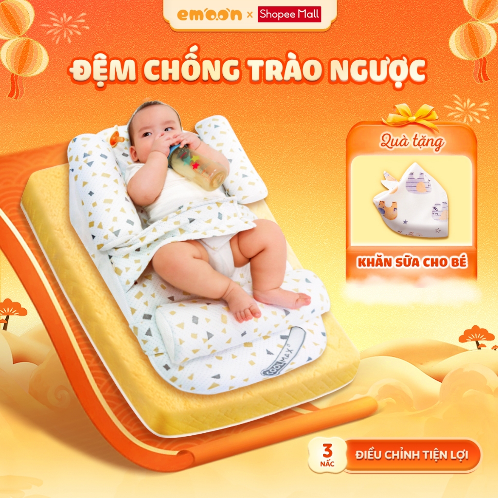  Gối chống trào ngược cho bé Emoon cao cấp có gối chặn kèm đai cố định giúp bảo vệ cột sống cho bé 