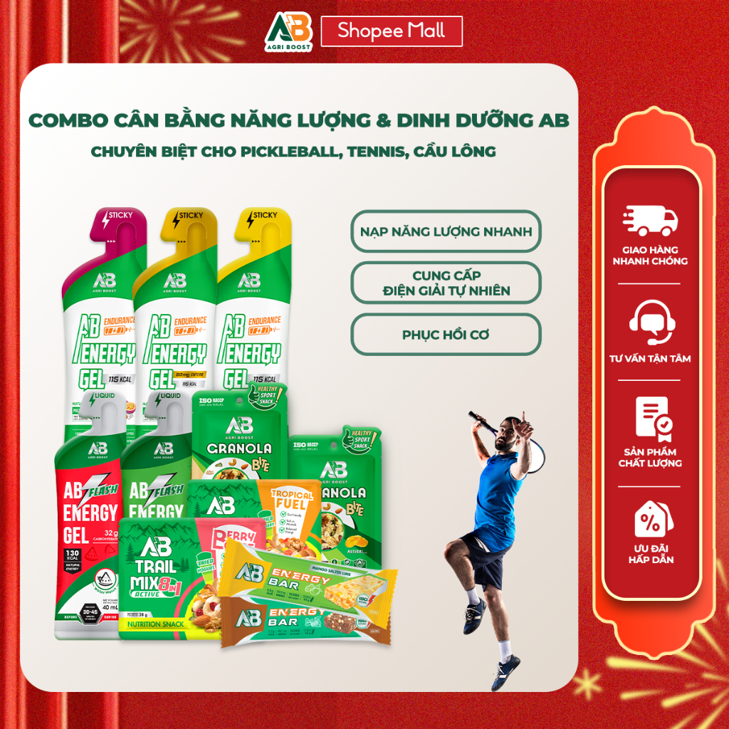 Combo Gel AB, Thanh Năng Lượng, Ngũ Cốc Dinh Dưỡng AB NUTRITION Dành Cho Người Chơi Pickleball, Tenn