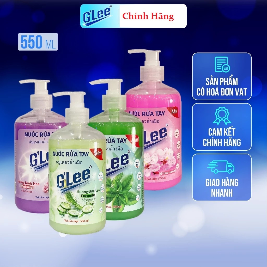 Nước Rửa Tay GLee Cao Cấp, Chai Vòi Pump 550ml, Sạch Nhanh, Lưu Hương, Dưỡng Ẩm, Hương Nước Hoa, Trà