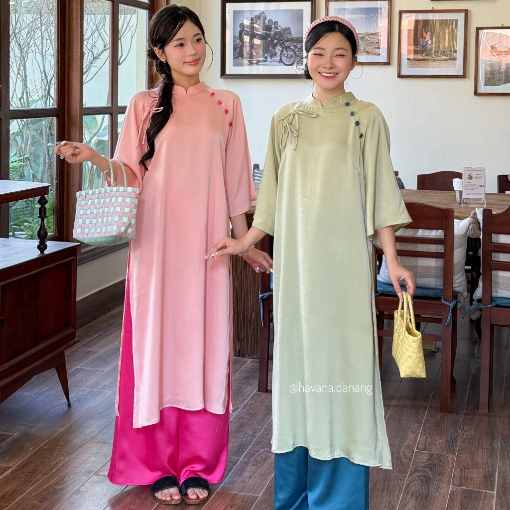 Set áo dài VÂN DU lụa trơn phối nơ cách điệu đính cúc bọc kèm quần lụa satin HAVANA AD94