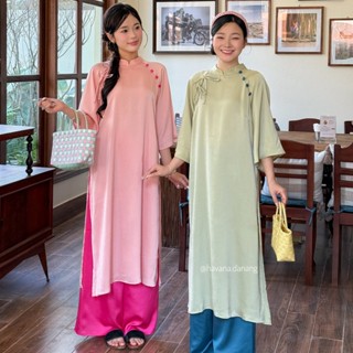 Set áo dài VÂN DU lụa trơn phối nơ cách điệu đính cúc bọc kèm quần lụa satin HAVANA AD94