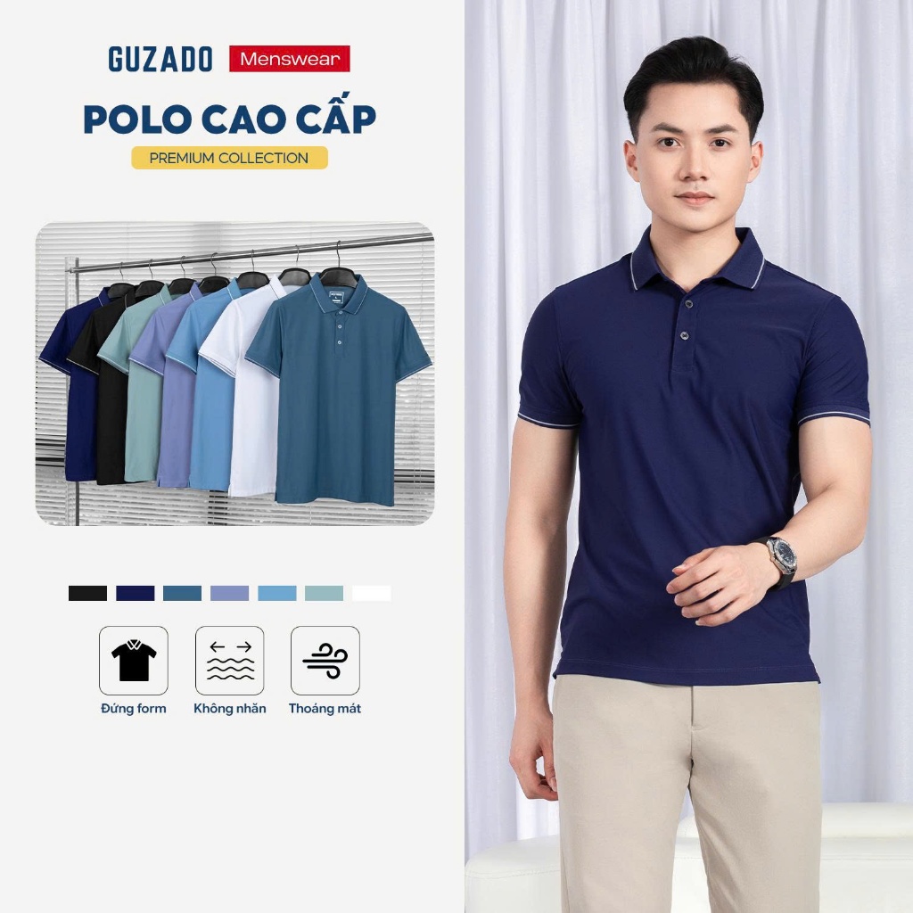 Áo Polo Nam GUZADO Bản Preminum Cổ Bẻ Phối Viền Thanh Lịch, Vải Poly Lạnh Thoáng Khí MPS218R