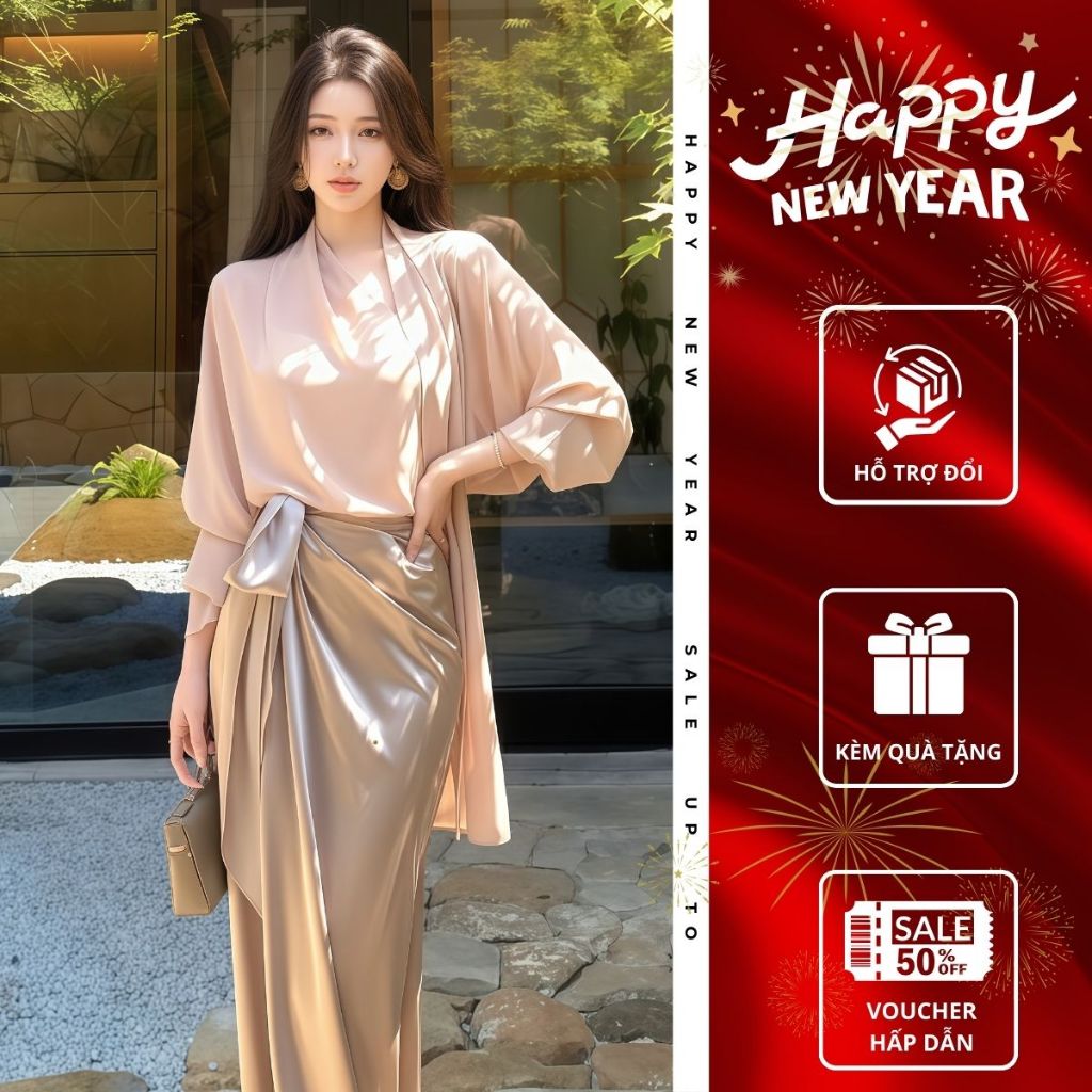 Set áo sơ mi lụa cổ vạt dài chéo tay dài phối chân váy lụa Emili Lux set lụa thiết kế sangtrọng B173