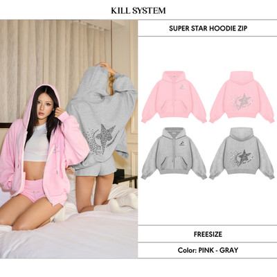 Áo hoodie zip nỉ form boxy in nhũ SUPER STAR - 𝐊𝐈𝐋𝐋 𝐒𝐘𝐒𝐓𝐄𝐌