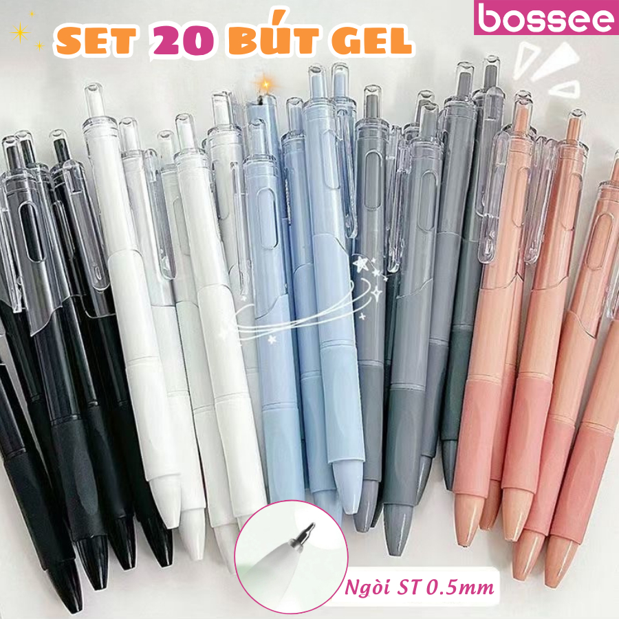 Set 20 Bút Gel Bấm Ngòi ST 0.5mm Bossee, Bút Bi Nước Học Sinh 7 Màu Pastel Xinh Xắn Viết Êm Trơn Không Lem Nhòe
