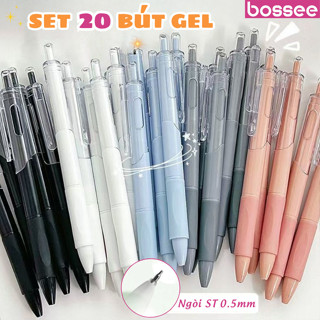 Set 20 Bút Gel Bấm Ngòi ST 0.5mm Bossee, Bút Bi Nước Học Sinh 7 Màu Pastel Xinh Xắn Viết Êm Trơn Không Lem Nhòe