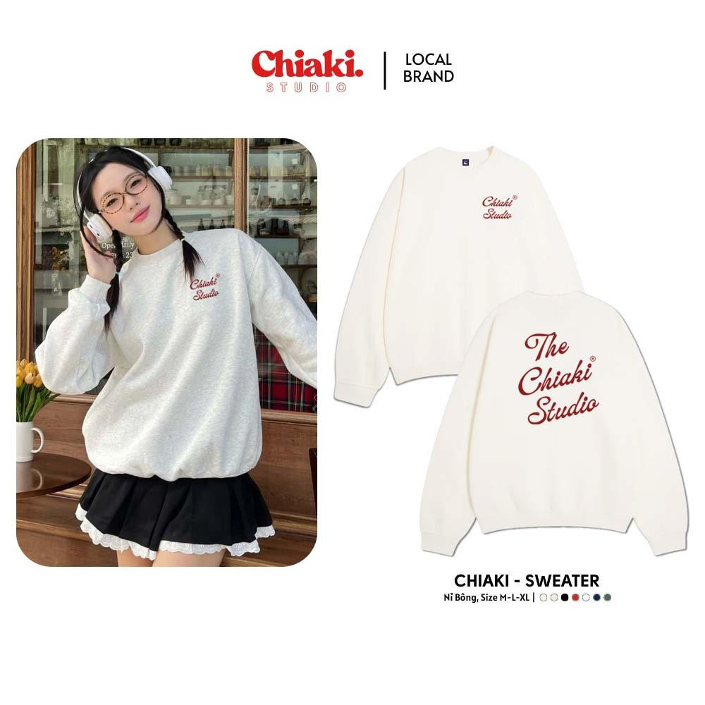 Áo Sweater Nỉ Bông Chiaki Studio BST34 In Chữ The Chiaki Studio-Áo Pull Nỉ Dài Tay Vải Dày Mịn Form 