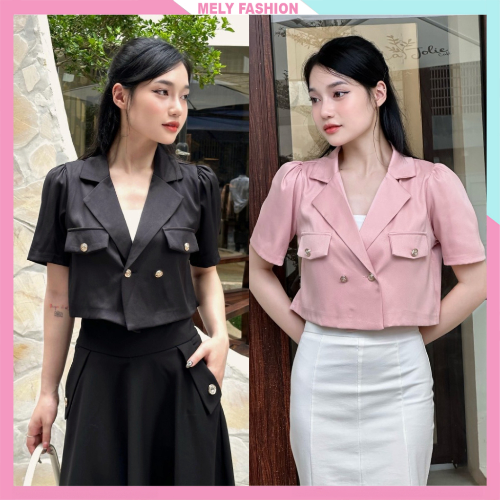 Áo blazer croptop nữ tay ngắn Mely Fashion sơ mi dáng ngắn lửng chất chéo hàn mềm mát trẻ trung sang