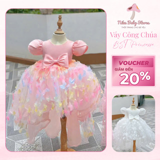 Váy bé gái kiểu công chúa tay bồng, dáng đuôi xòe phối nơ họa tiết xinh dự tiệc  [CỘC TAY ĐUÔI CÁ]
