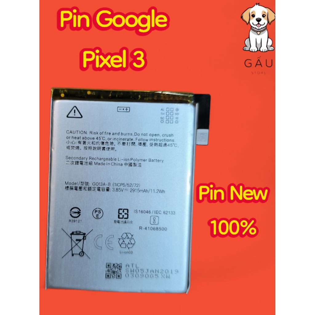 PIN điện thoại GOOGLE PIXEL 3: G013A-B Battery Google Pixel 3 Cell pin chính hãng New 100%