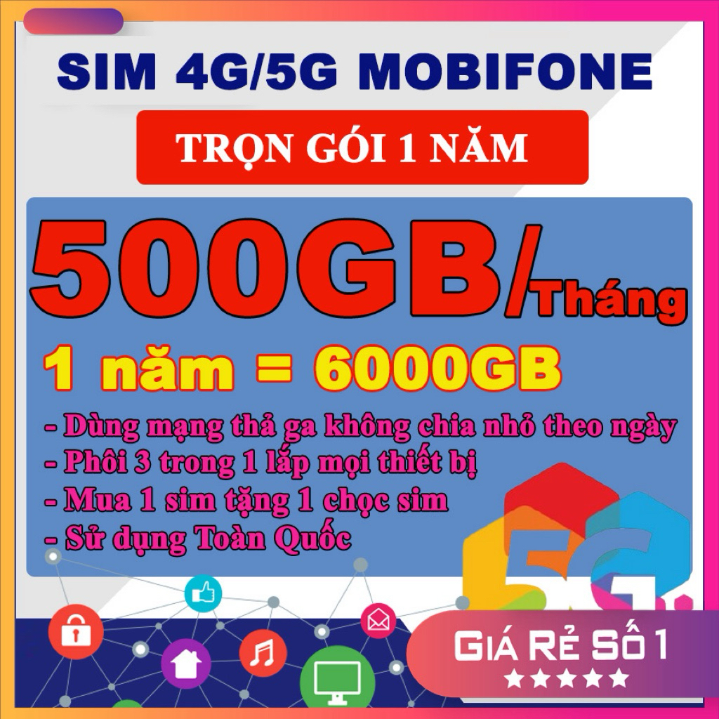 Sim 4G, 5G Mobifone Gói 12MDT150 500GB Mỗi Tháng x 12 Tháng (Có Esim), 6MDT150, MDT255 3GB/Tháng MDT