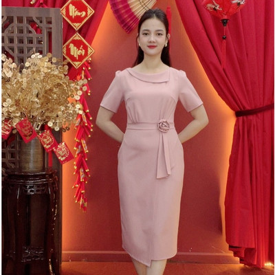 Đầm body - Cổ thuyền tay ngắn kết hoa - CD - Hồng dâu - TTV2028