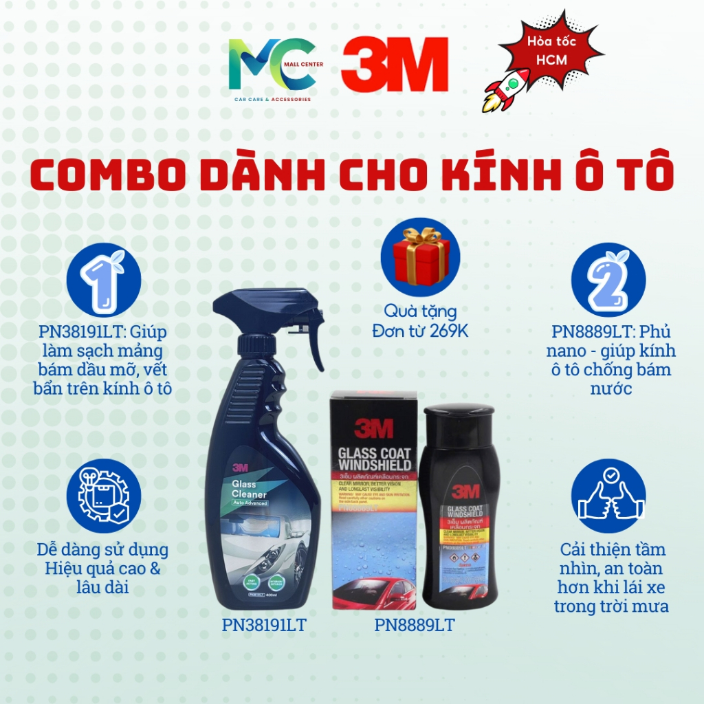 Combo 3M - Phủ nano kính lái chống đọng nước & Vệ sinh kính Ô tô (PN38191LT - PN8889LT) - Chính hãng