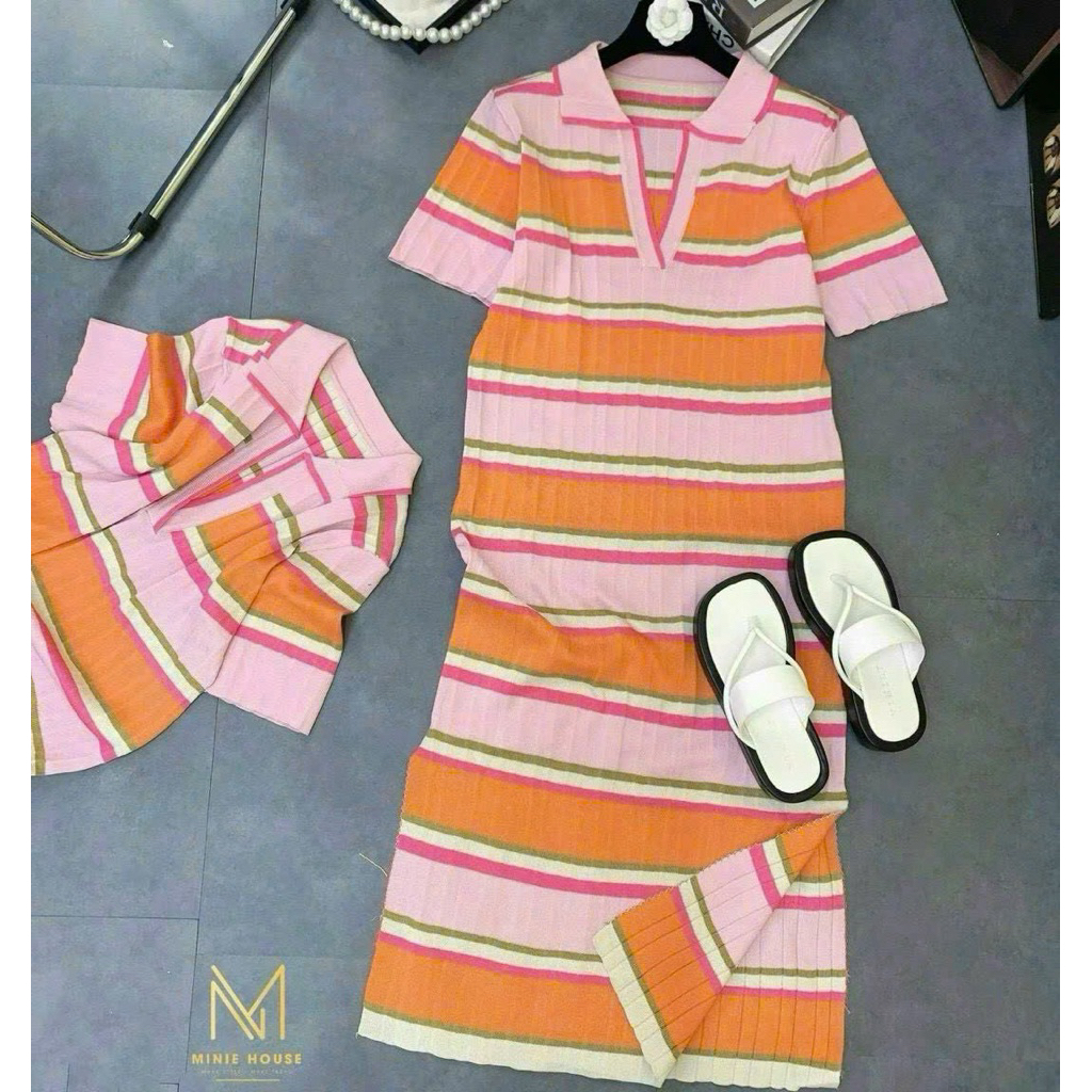 Đầm ôm body len kẻ sọc cổ bẻ tay con hàng QC