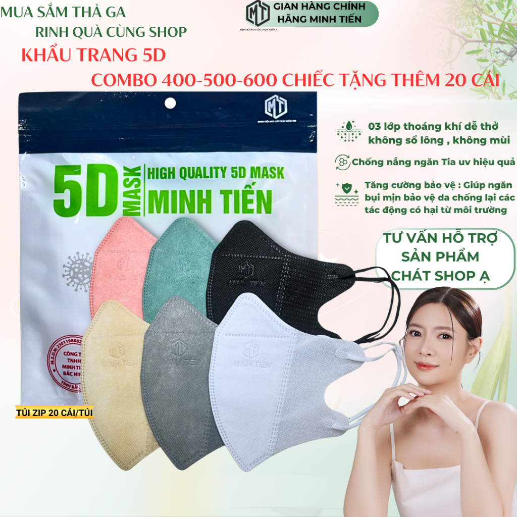 Khẩu Trang 5D Combo 400 - 500 (Tặng 10 cái) & 600 Tặng 20 cái MINH TIẾN 3 Lớp Che Mặt Ngăn Bụi