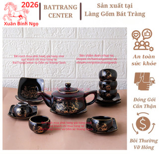   MỪNG XUÂN BÍNH NGỌ 2025 Ám Chén pha trà Mã Đáo Thành Công vẽ Vàng,hàng Bát Tràng men Hỏa Biến Đen,ấm Vuông 400ml 