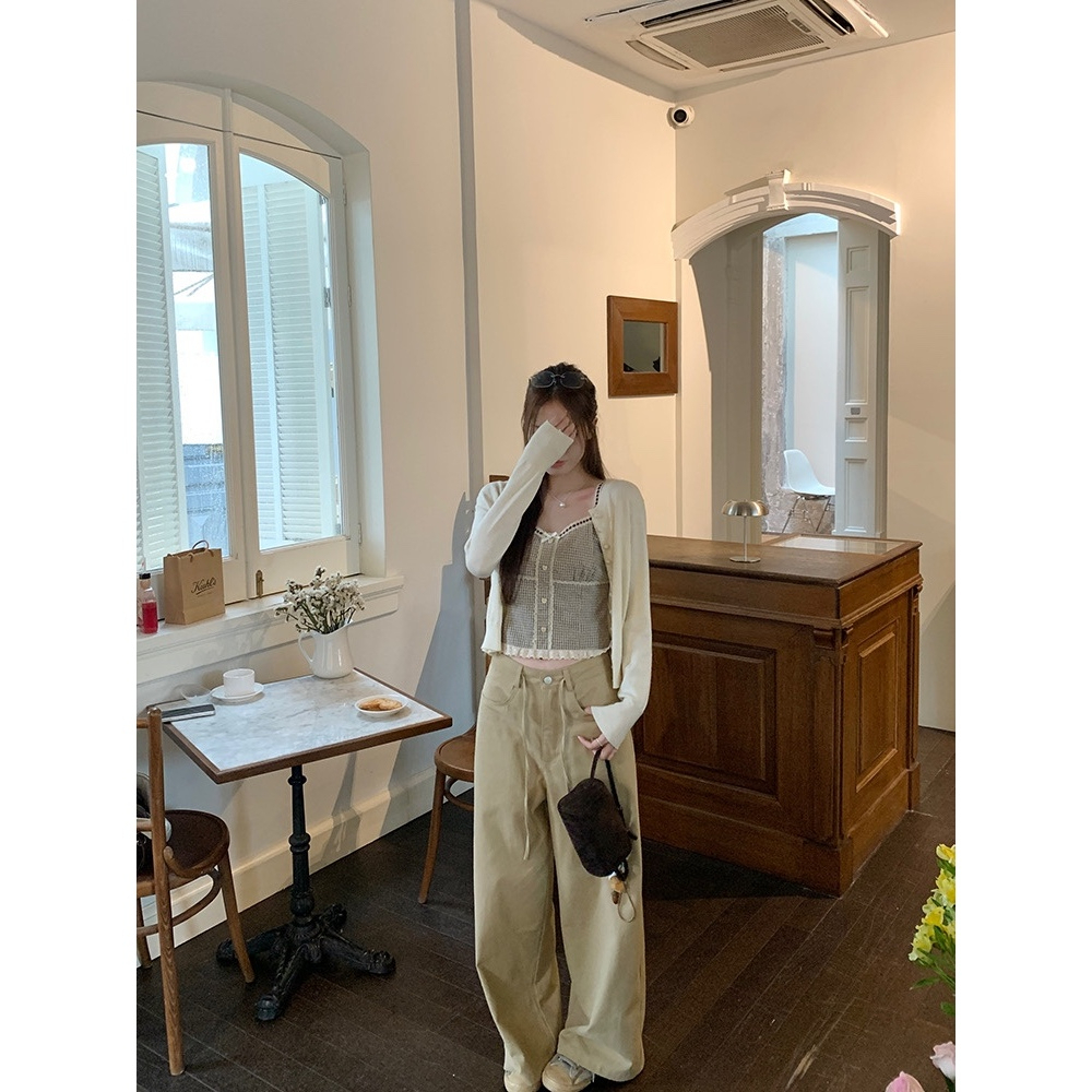 𝟏𝟒𝐚𝐦.𝐬𝐭𝐮𝐝𝐢𝐨 | Quần Khaki Nữ Ống Rộng Suông Dài Màu Kem Phối Dây Rút Eo Phong Cách Hàn Quốc