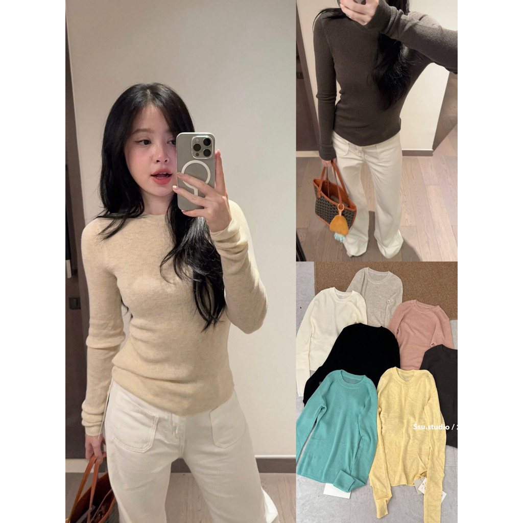 𝟏𝟒𝐚𝐦.𝐬𝐭𝐮𝐝𝐢𝐨 | Áo Len Tăm Nữ Tay Dài Cổ Tròn Màu Vàng Chanh Tôn Da Form Ôm Style Hàn Quốc