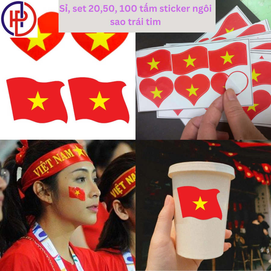 Set 20,50,100 tấm sticker ngôi sao, lá cờ tổ quốc yêu nước dùng cho các dịp lễ, cổ vũ bóng đá...