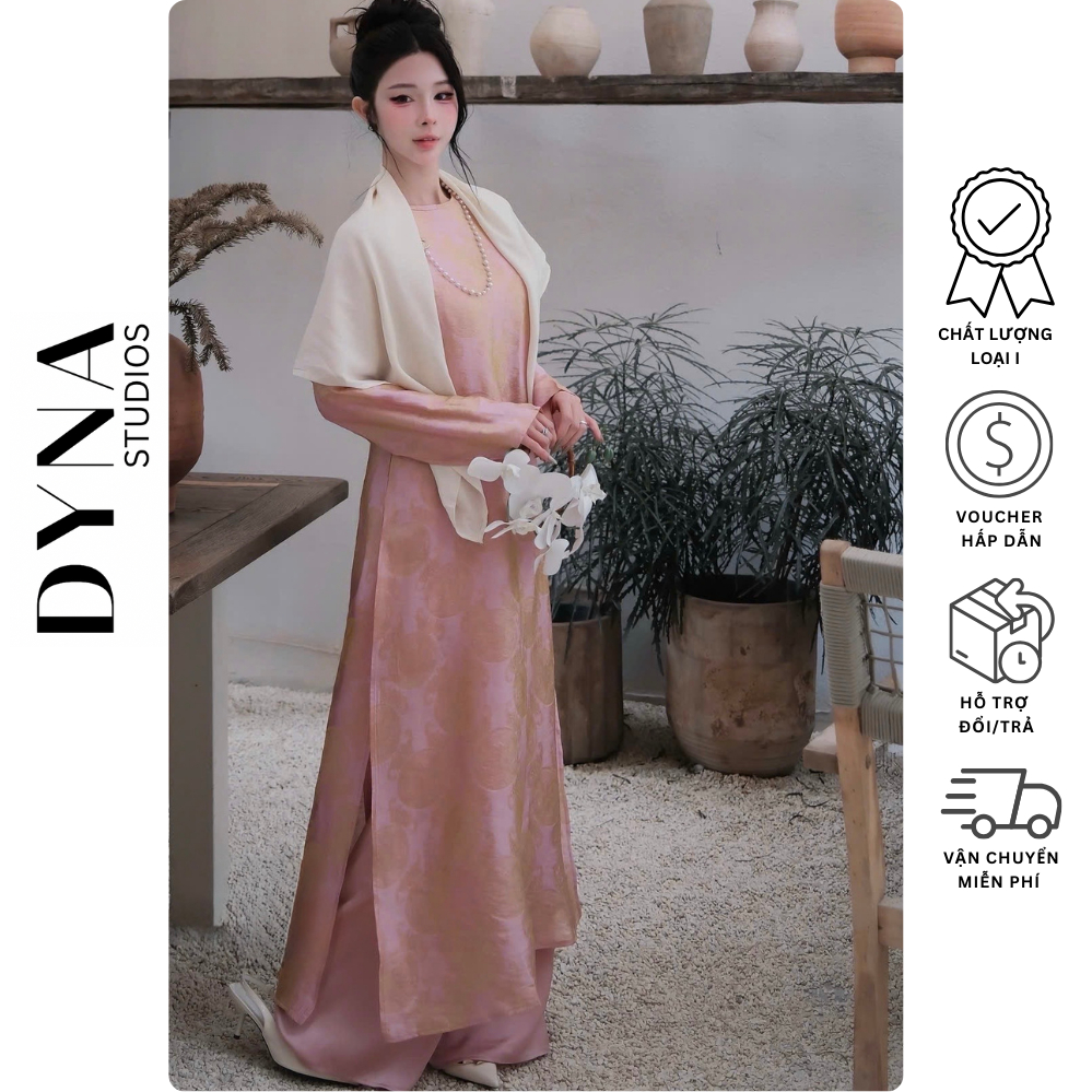 Set Áo Dài Cổ Truyền Thống Kèm Khăn Và Quần Suông Lụa DYNA STUDIOS