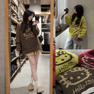   Steezy  Áo len lông cừu dày QC loại 1 thêu xù HELLO KITTY form rộng áo len dài tay thu đông cho nữ  L5761 