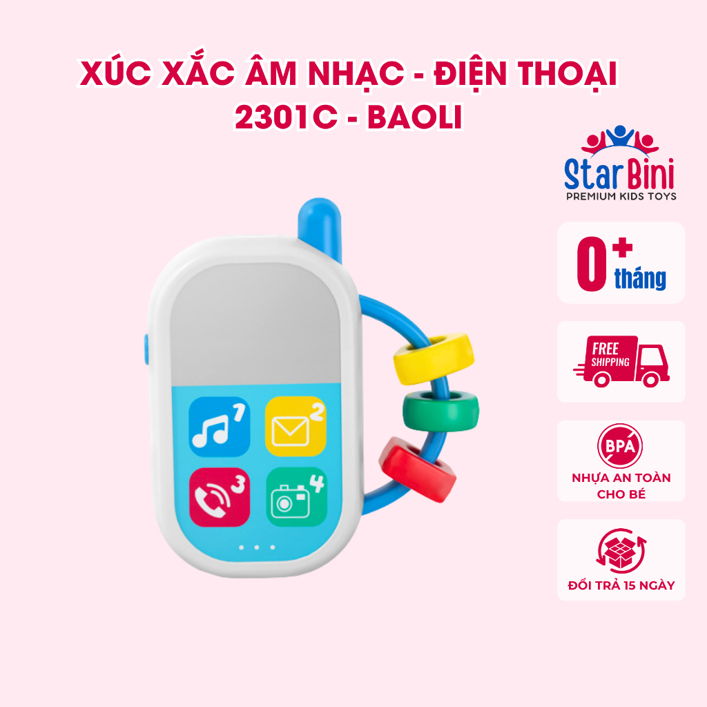 Đồ chơi Xúc Xắc Âm Nhạc, gặm nướu BAOLI Điện Thoại 2301C, đồ chơi gặm nướu lục lạc, an toàn cho bé, 