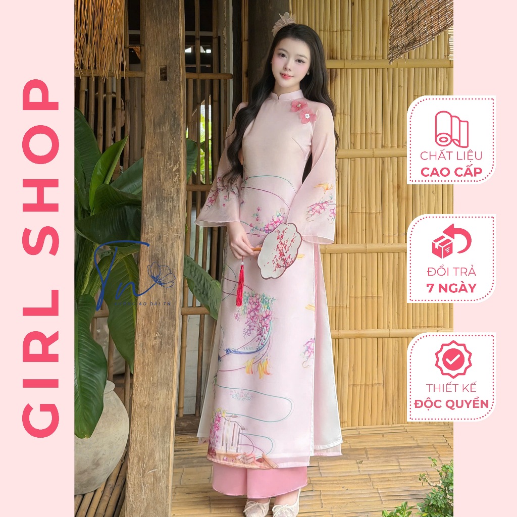 Áo Dài Du Hoa Thiết Kế Cao Cấp Dáng Suông 4 Tà Cổ Cao Sang Trọng Thanh Lịch GIRLSHOP