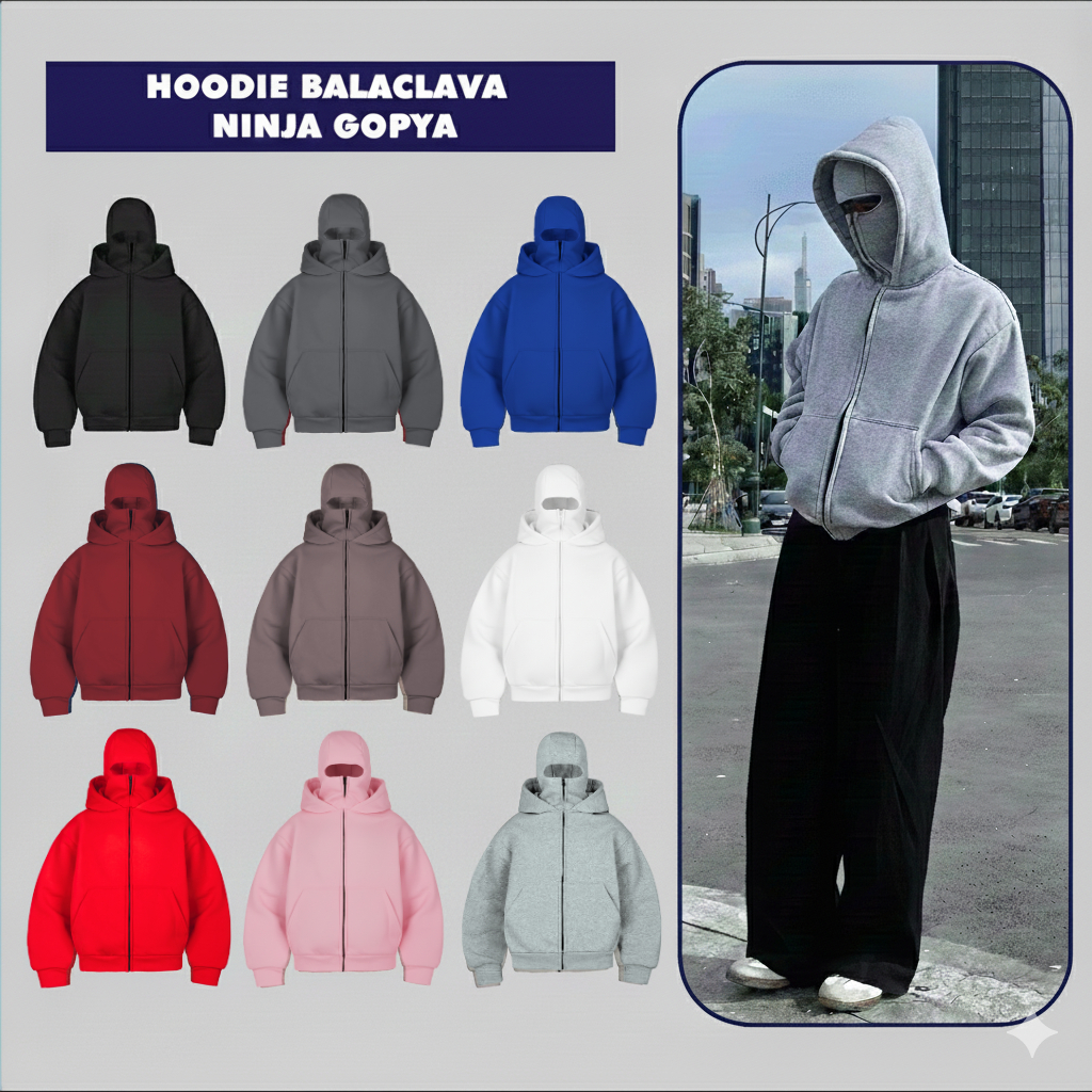 Áo Khoác Hoodie Zip Boxy Balaclava Ninja 2 mũ GOPYA, chất liệu nỉ bông, dày dặn, có túi trong, xỏ ngón, nón ninja