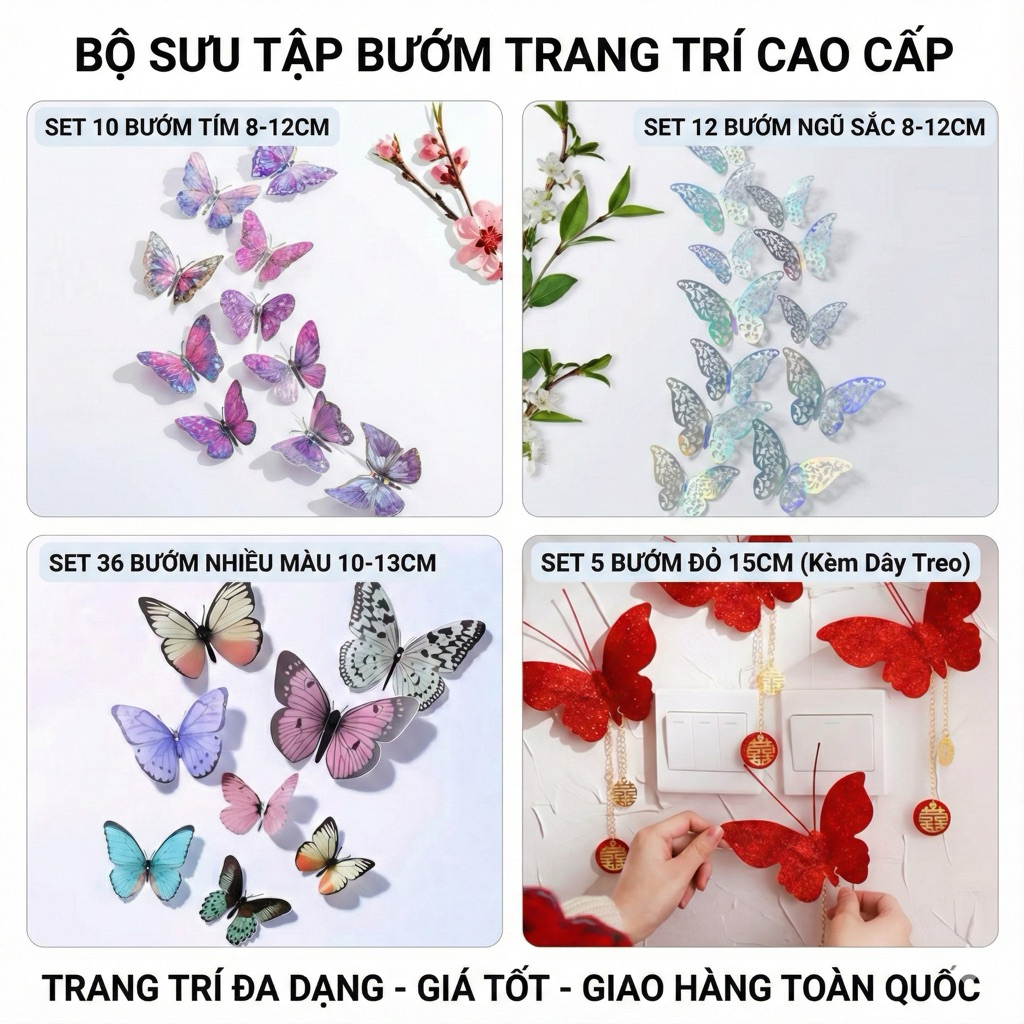 Set Bươm Bướm Chất Liệu Cao Cấp Nhiều Màu, Nhiều Kích Thước Trang Trí Hoa, Quà Tặng