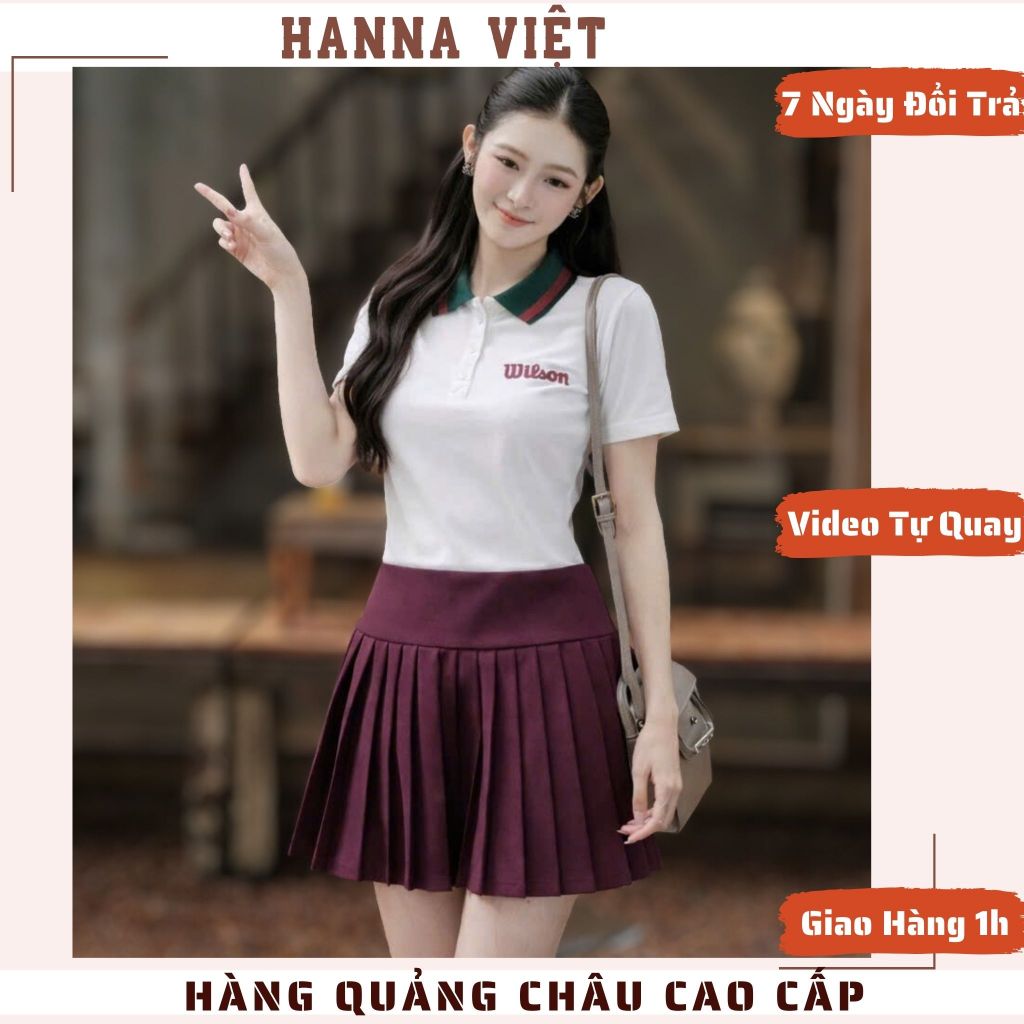 Set Đồ Nữ, Đồ Thể Thao Nữ, Đồ Pick Nữ, Set Áo Polo Trắng Cổ Xanh Đỏ Phối Chân Váy Xếp Ly H11 Ms625