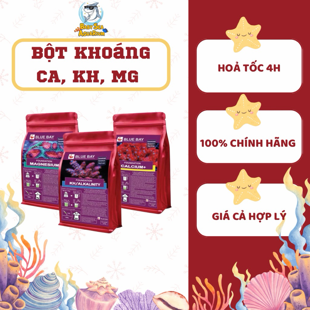 Bột Khoáng Ca, Mg, Kh Blue Bay – Bổ Sung Canxi, Magie, Kiềm Cho San Hô, Cá Cảnh Biển, Bể Nước Mặn