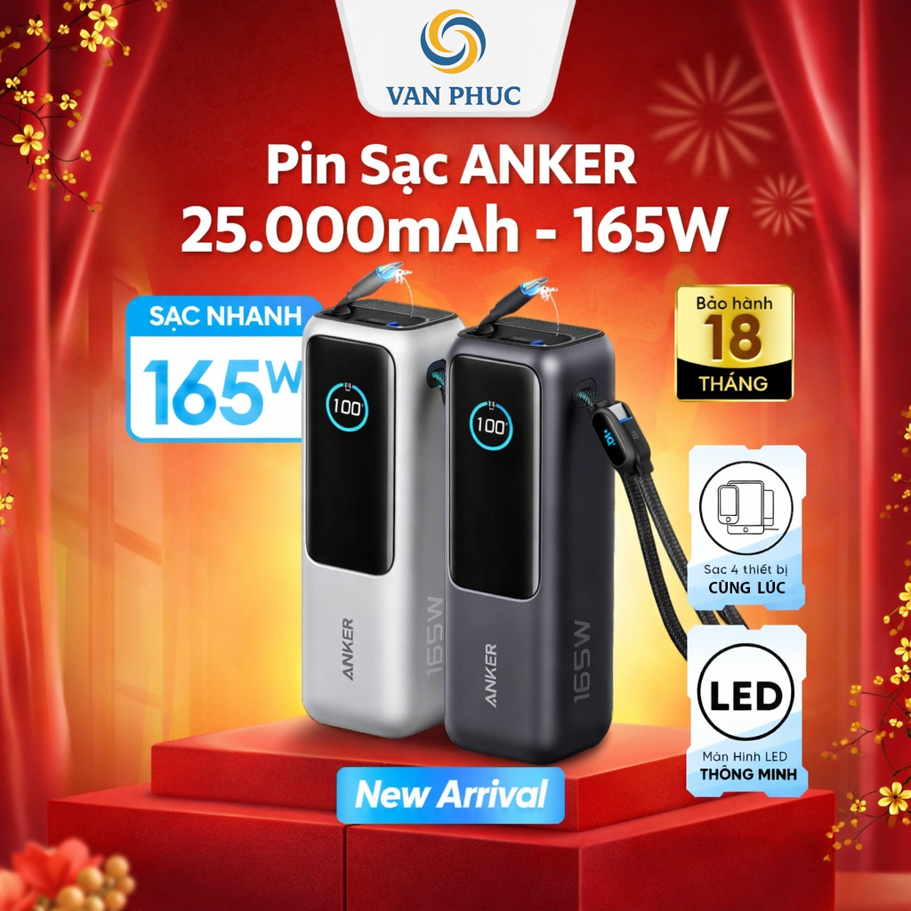 Pin sạc dự phòng 25000mAh PD QC 3.0 165W Anker Zolo A1695 kèmcáp dây rút Type C- Hàng Chính Hãng VN