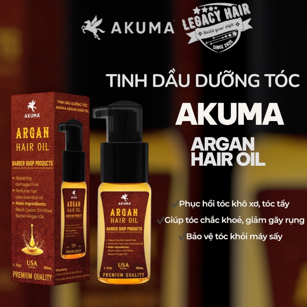 Tinh dầu dưỡng tóc AKUMA ARGAN HAIR OIL 50ML - Phục hồi tóc khô xơ hư tổn, tóc tẩy, bổ sung dưỡng ch