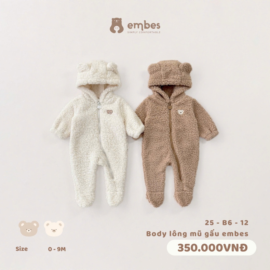 Body Bé Sơ Sinh Embes, Body Lông Mũ Phối Tai Thỏ Gấu Chất Dày Ấm Áp Cho Bé Sơ Sinh Size Từ 0-9 Tháng