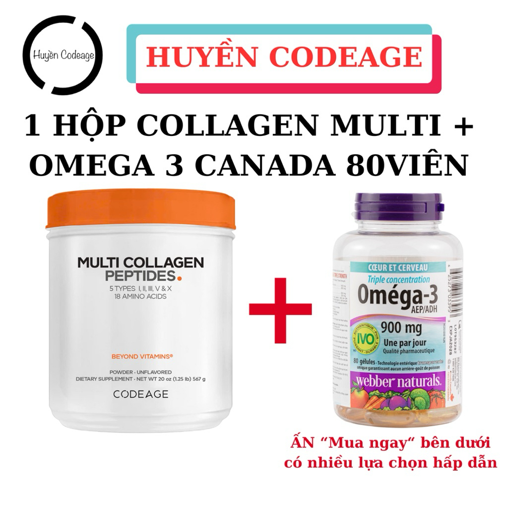 (1 COLLAGEN MULTI + 1 OMEGA 3 CANADA 80 VIÊN) BỘT COLLAGEN MULTI THỦY PHÂN CODEAGE 567g ( VÀ 1 OMEGA