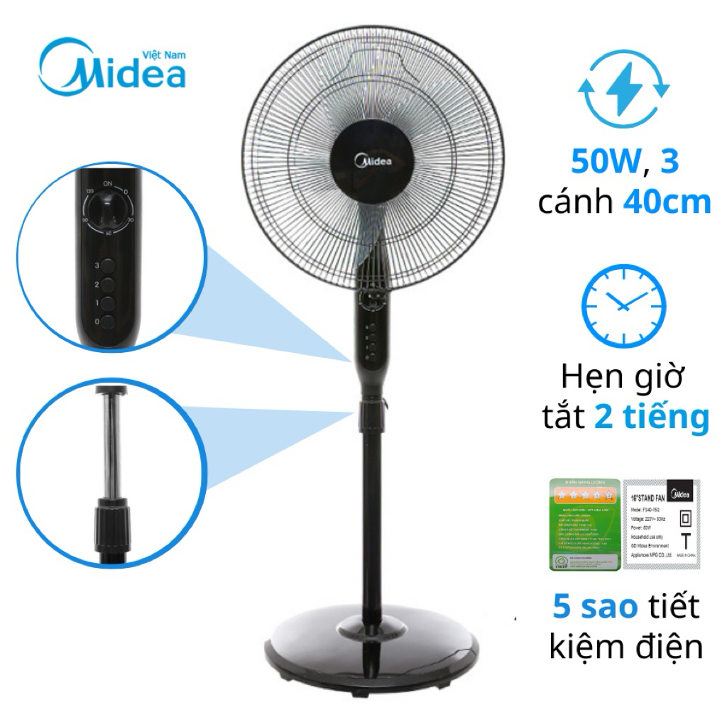 Quạt đứng Midea FS40-15Q, 50W, 5 cánh, 3 tốc độ gió