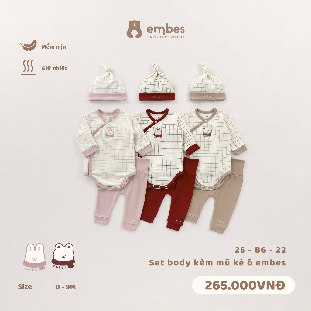 Bộ Body Sơ Sinh Embes, Body Chip Dài Tay Cài Chéo Kèm Quần Kẻ Cotton Ấp Áp Cho Bé Sơ Sinh 0-9 Tháng