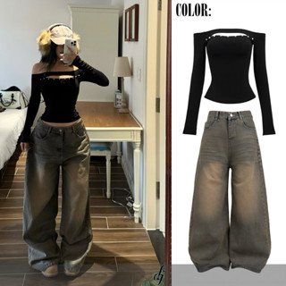    VICIE AUTUM   Set áo trễ vai ôm body đính đá SLIMFIT chiết eo - Quần jeans ống rộng GRUNGE WASH JEANS-DANEJI 