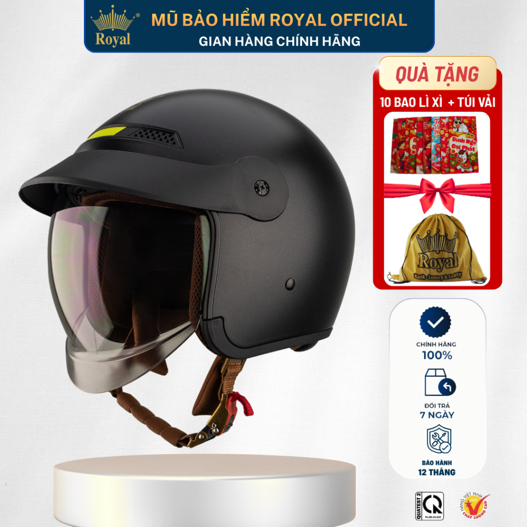Mũ Bảo Hiểm 3/4 Royal M139 Luxury Cao Cấp Hợp Nam Nữ, Nón Bảo Hiểm Royal Kính Âm Màu Trà Chống Nắng 