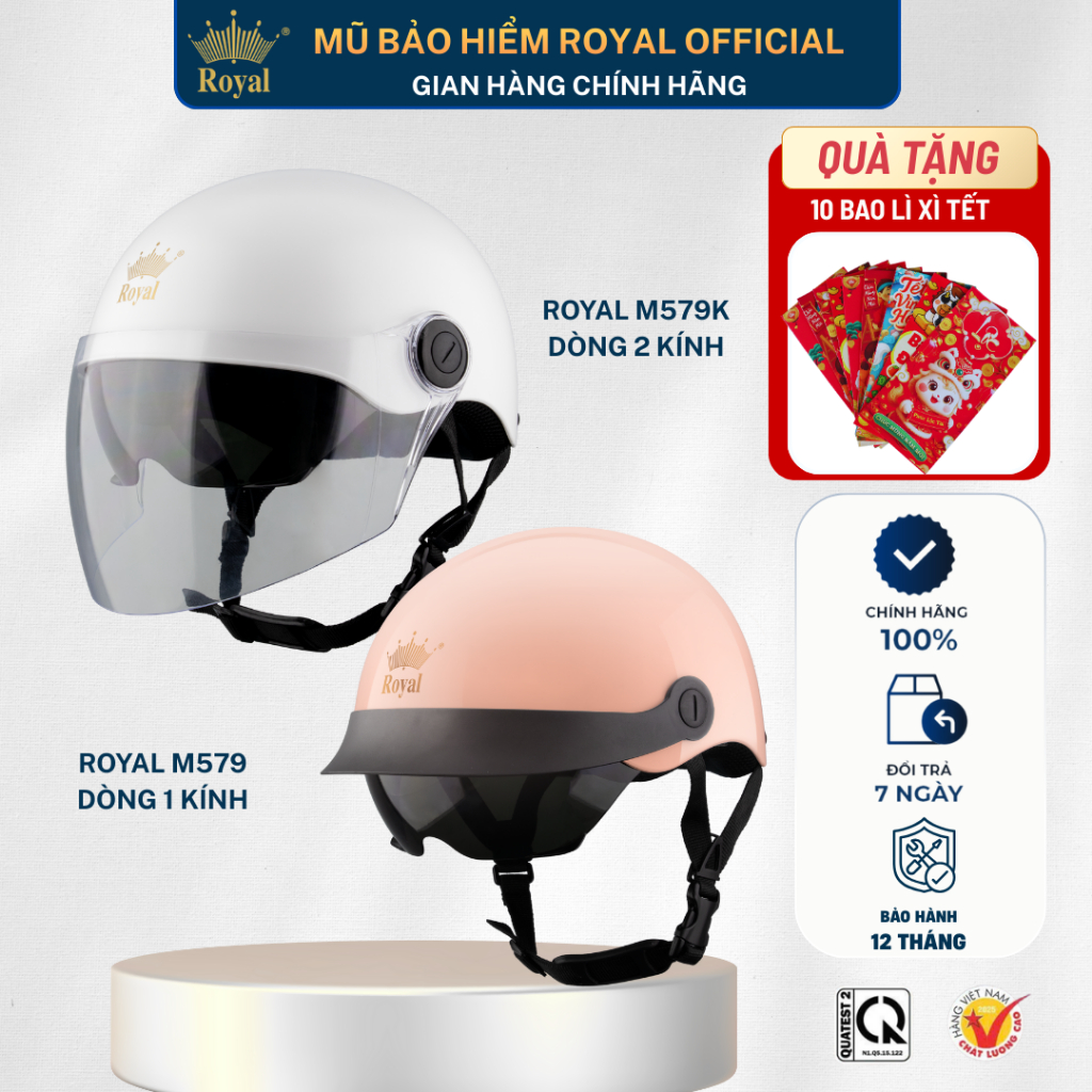 Mũ Bảo Hiểm Royal Chính Hãng M579 Mũ Nửa Đầu Kính Âm Kết Hợp Lưỡi Trai Tiện Lợi