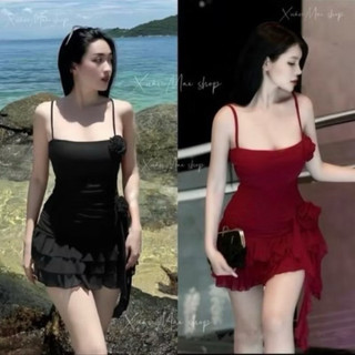 Đầm ôm body nữ cổ yếm đính hoa tua rua mực đính hoa sườn sẵn mút ngực 4 màu hot đen đỏ nude trắng mặc Tết đi tiệc y2k