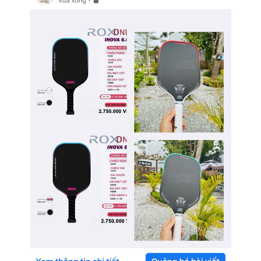 vợt pickleball Roxone Inova 6.0 (lõi mới nhất 2025) kiểm soát tốt nổ nảy trợ lực mua kèm cuốn cán bó