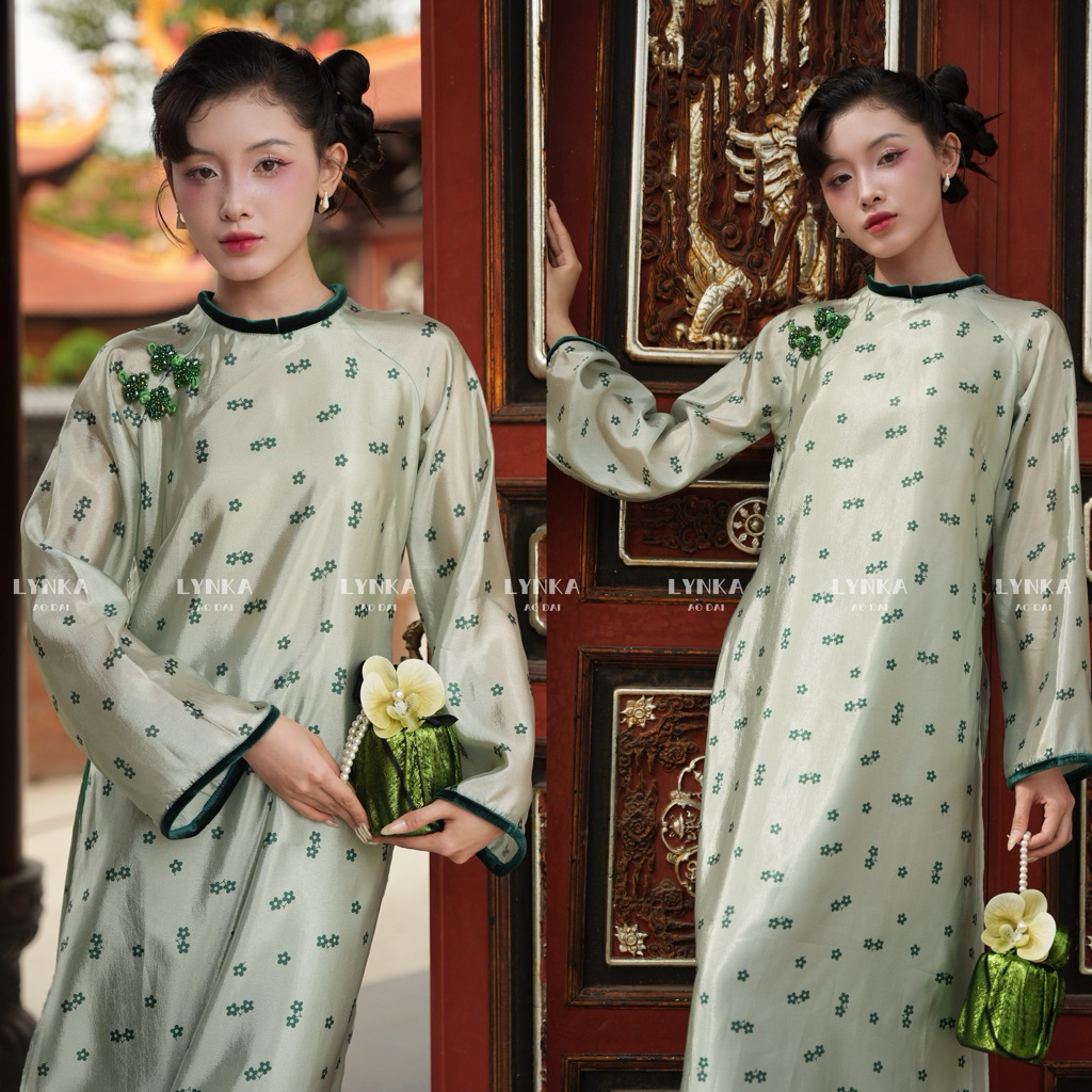 [40-90kg] Uyển Bích- Áo dài tơ xanh mint suông hoa nhí, áo dài cách tân tơ 4 lớp, áo dài bigsize/ ao