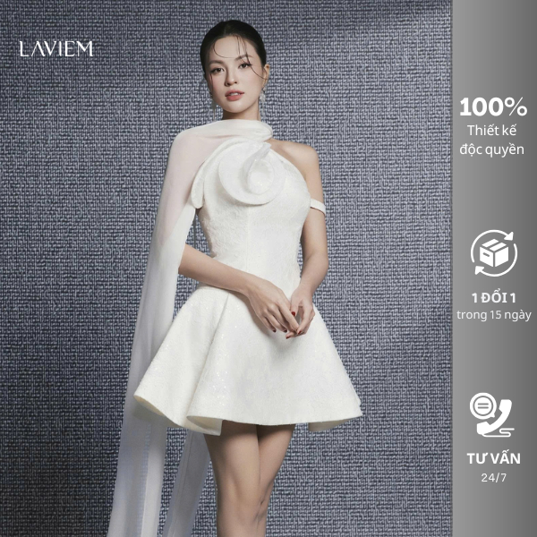 LAVIEM - Váy ngắn dáng xòe thiết kế lệch vai nhấn hoa nổi thanh lịch - Celine Dress