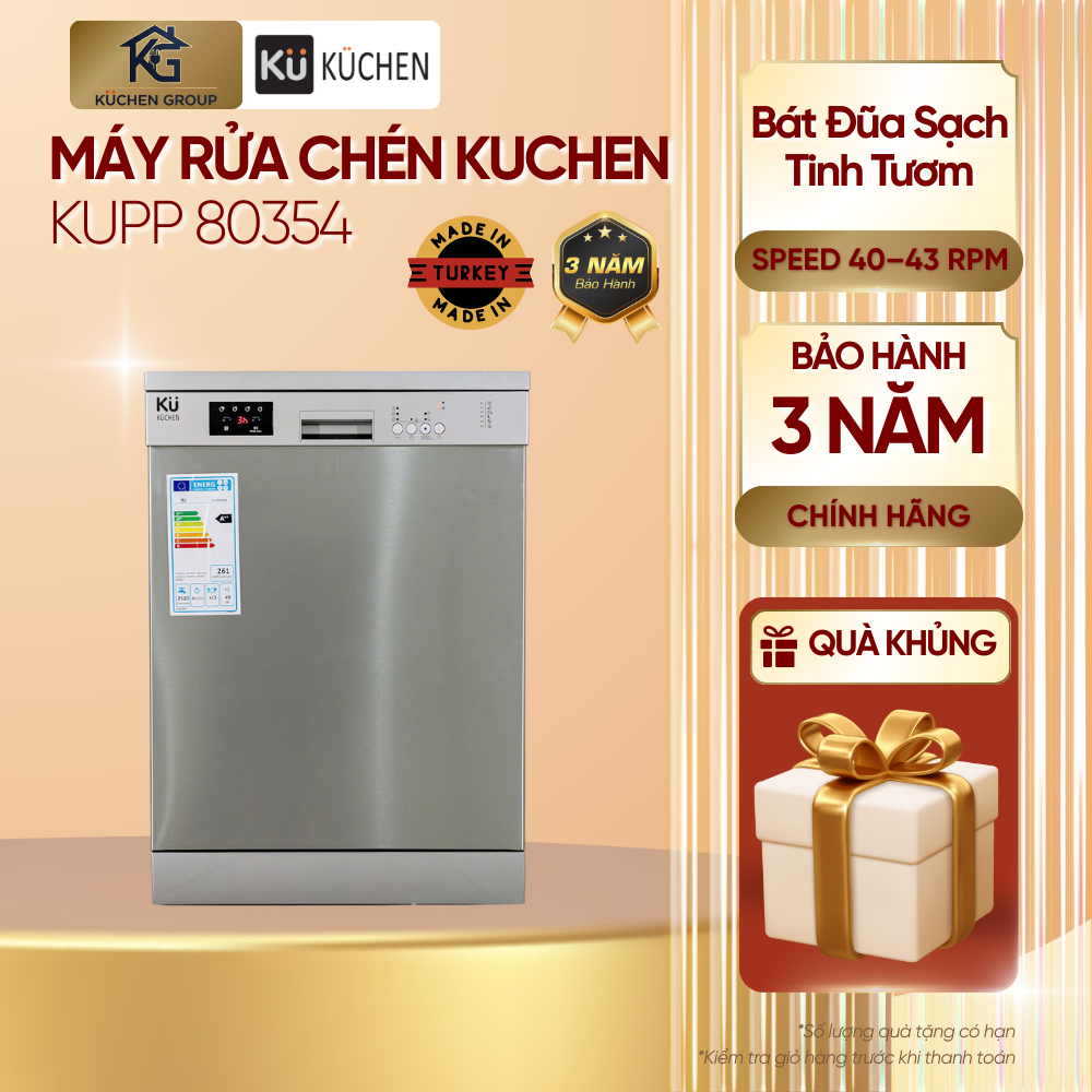 [KUCHEN] Máy Rửa Chén Kuchen KU 80354 15 Bộ 3 Giàn, Tiết Kiệm Điện A++, Diệt Khuẩn, BH 3 Năm