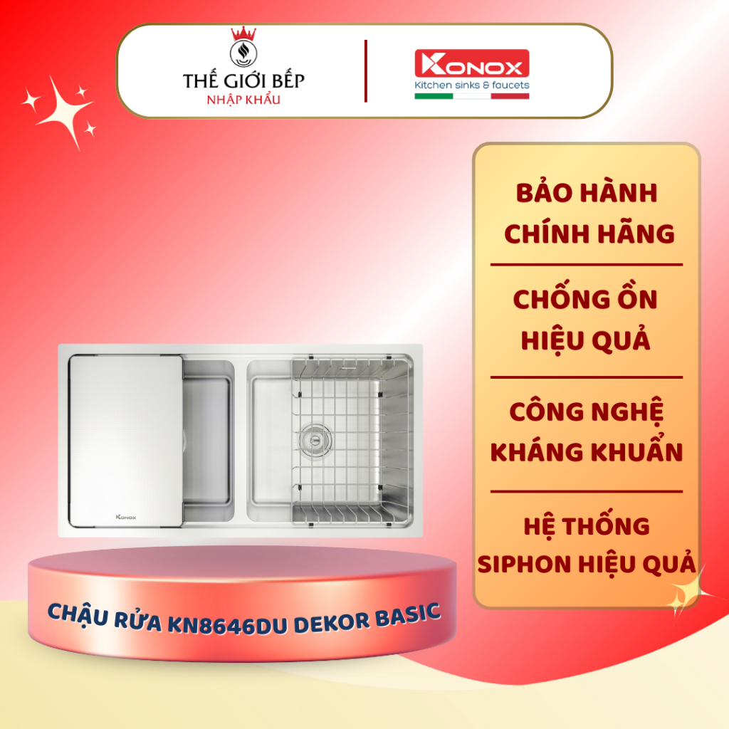 Chậu rửa bát Konox KN8646DU Dekor – Inox 304 cao cấp, 2 hố âm bàn
