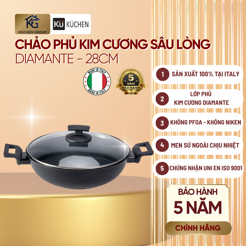 [KUCHEN] Chảo phủ kim cương Kuchen Diamante 28cm sâu lòng— Chống dính cao cấp+ nhập khẩu Italy