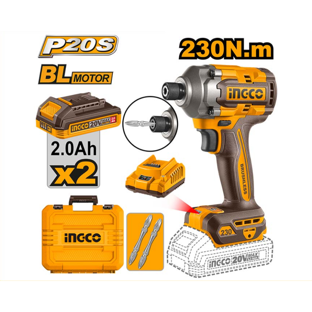 Thân Máy Siết Vít Pin INGCO 20V Động Cơ Không Chổi Than 230Nm–285Nm Chuôi Lục Giác 6.35mm