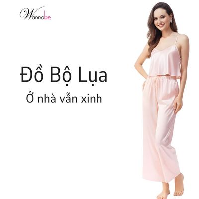 Đồ bộ mặc nhà phi lụa WANNABE đồ bộ quần dài áo croptop thắt nơ eo áo ba lỗ lưng ren xinh đẹp BDS07