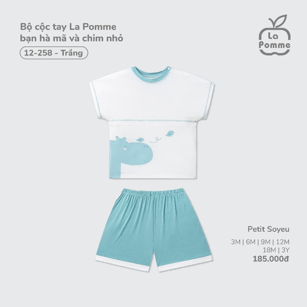 Bộ cộc tay La Pomme bạn hà mã và chim nhỏ - Sợi Petit Soyeu thoáng mát – Bé trai - 3M - 3Y
